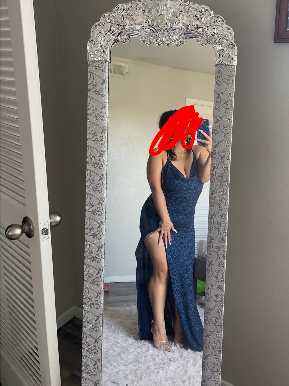 Sparkling Navy Blue V-Neck Evening Gown